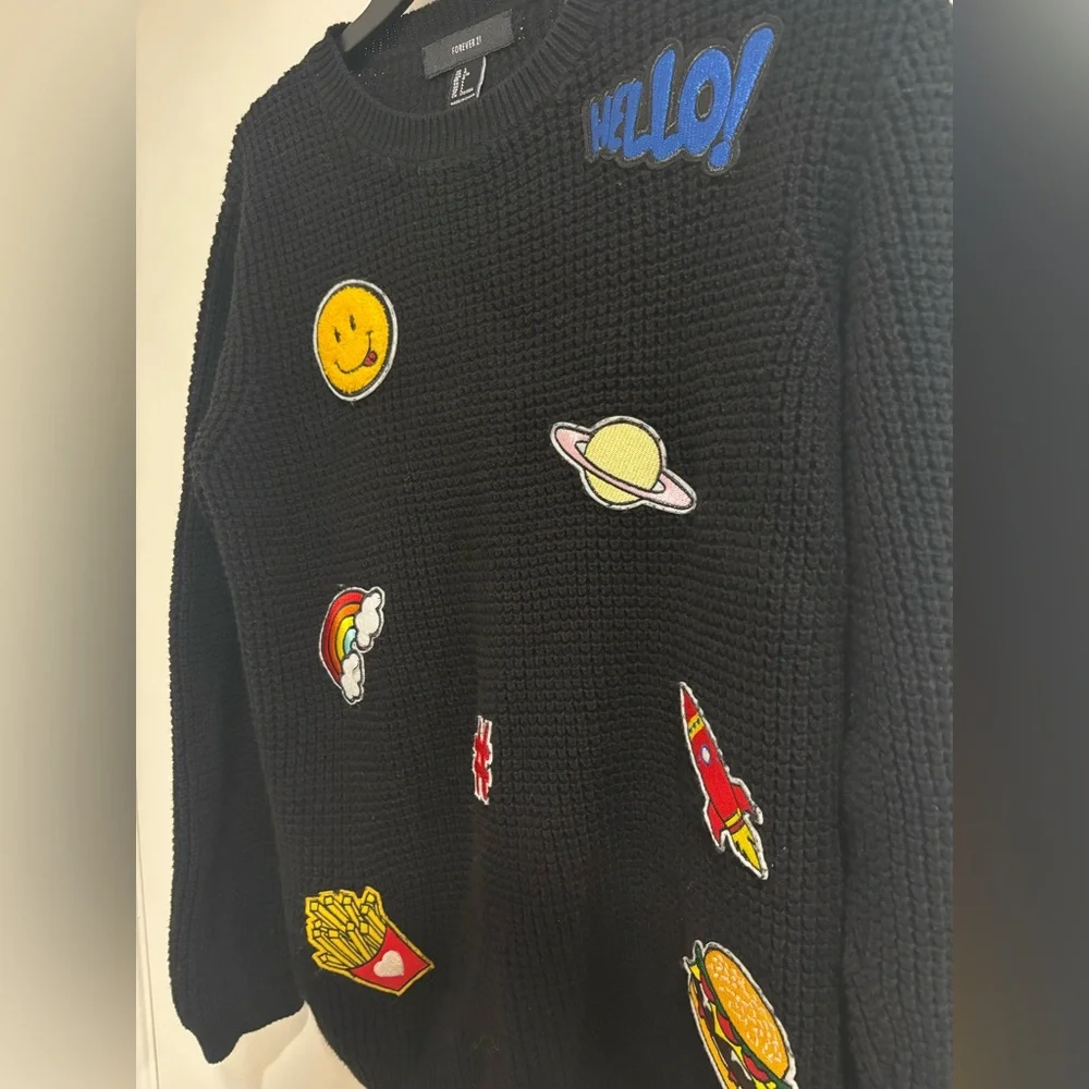 Forever21 LIKE NEW Black Sweater with Cute Patches, Large - Picture 4 of 5